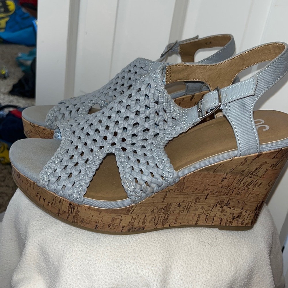 Baby blue knit wedges